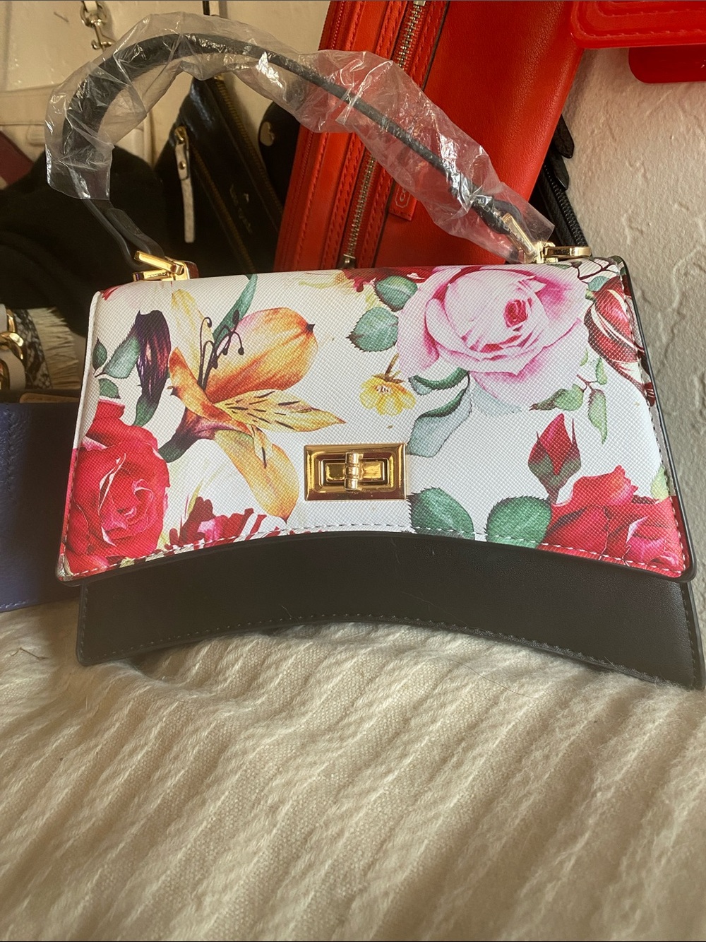 Floral Print Top-Handle Satchel - White, Red & Pink